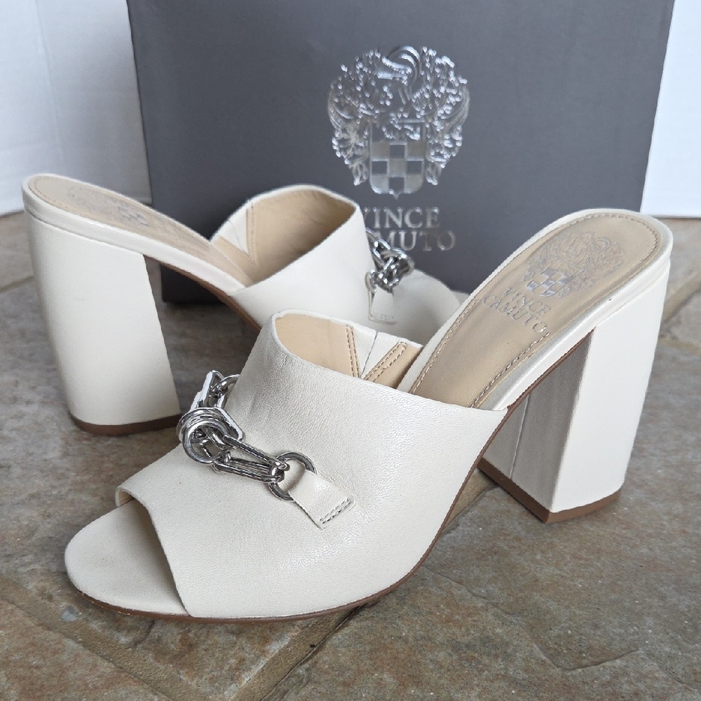 Vince Camuto Cream Leather Block Heel Mules with Silver Chain